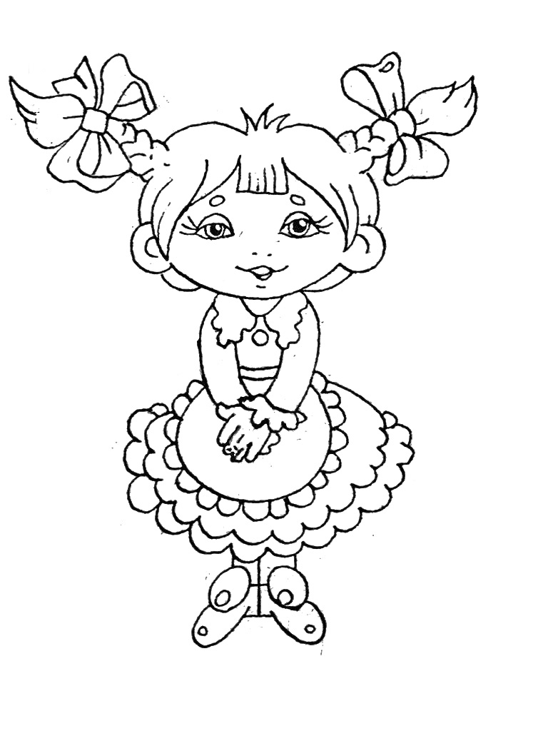 Девочка из сказки «Незнайка» с двумя бантами, в платье и фартуке