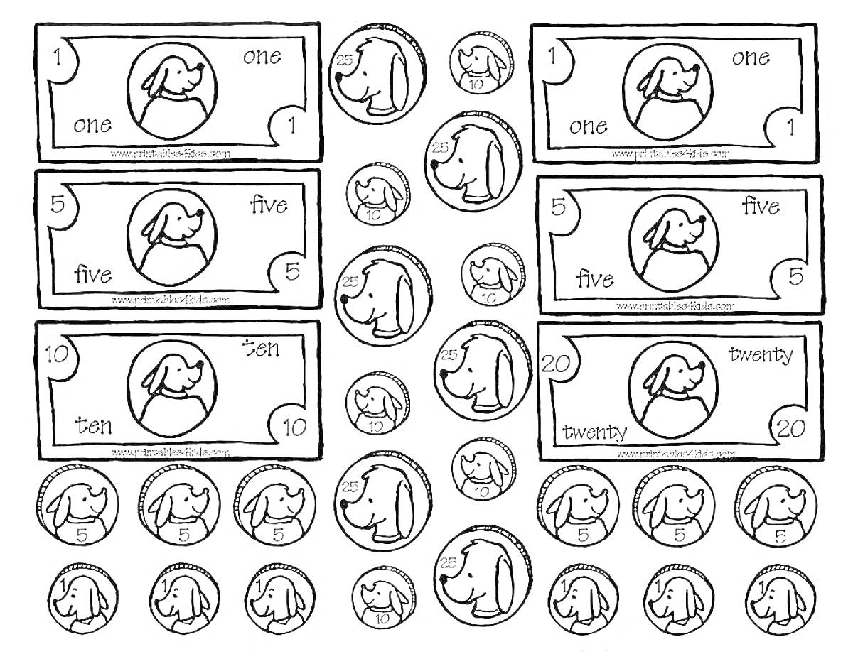 Раскраска купюры и монеты с изображением щенка на контурах