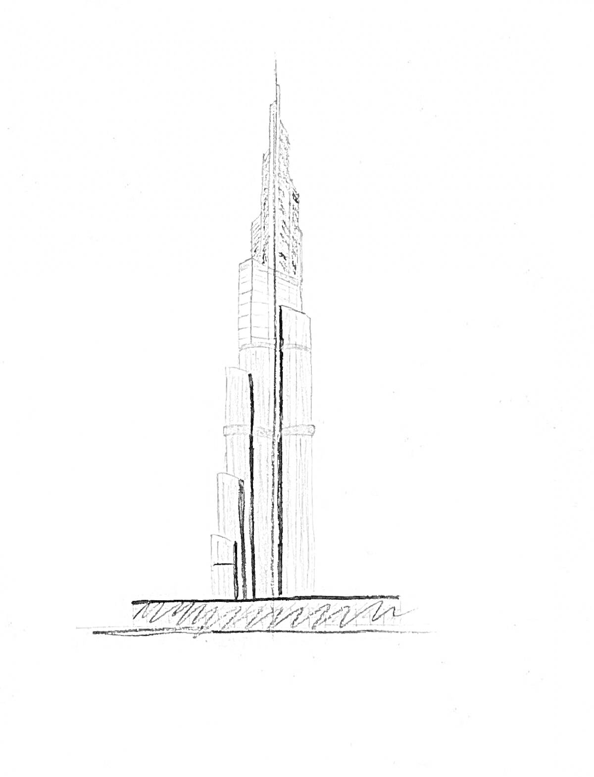 Раскраска Рисунок карандашом, изображающий Бурдж Халифа на белом фоне.