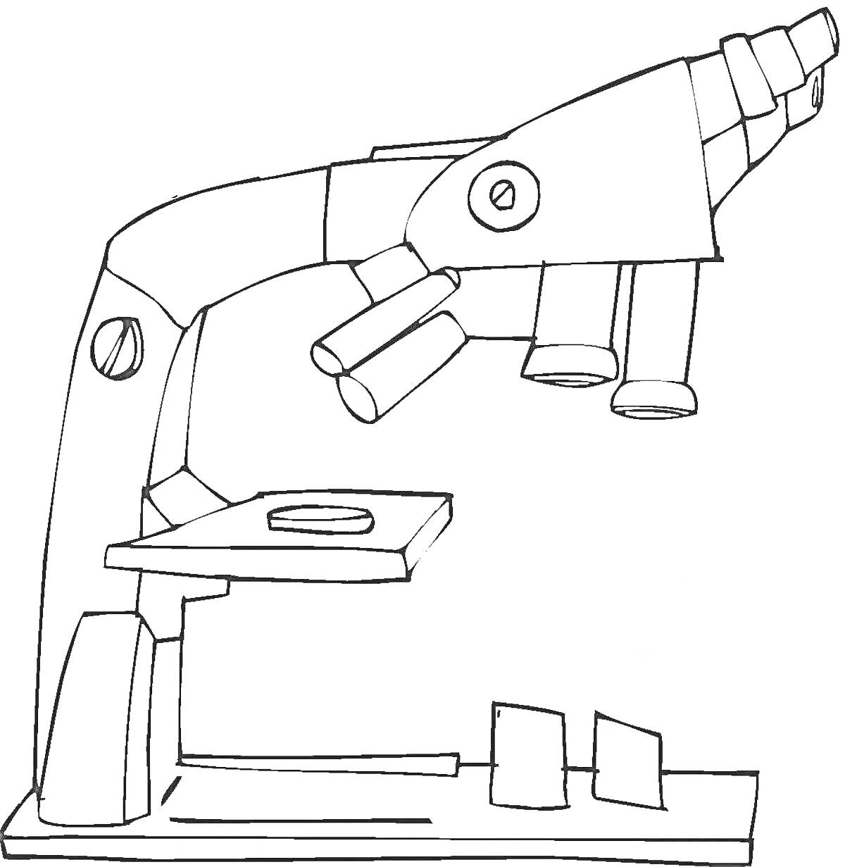 Раскраска Микроскоп с линзами, окулярами и подставкой