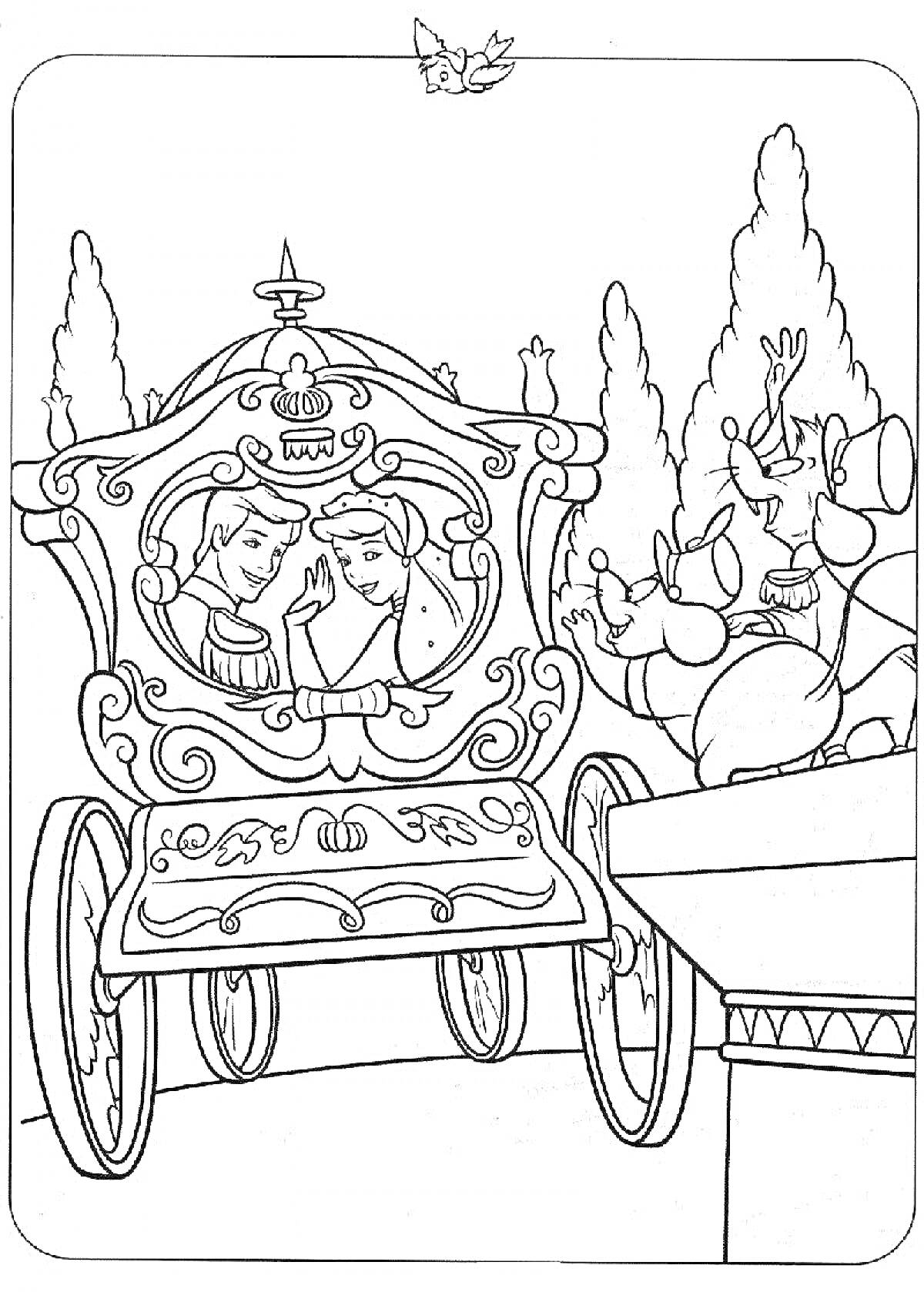 На раскраске изображено: Карета, Золушка, Принц, Фонтан, Деревья