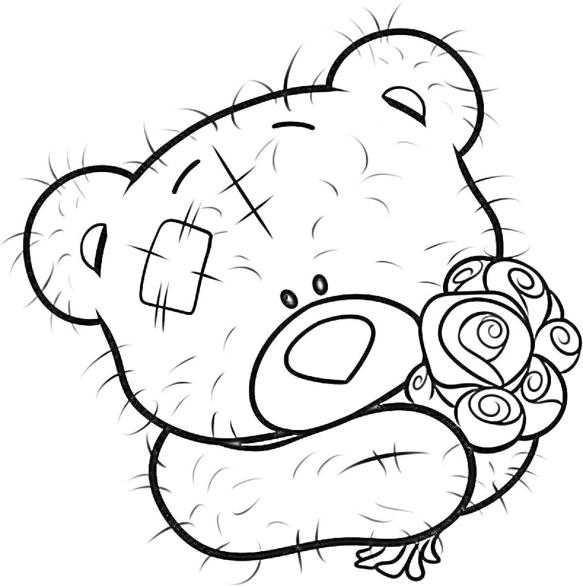 Раскраска Мишка с букетом цветов и заплаткой на голове