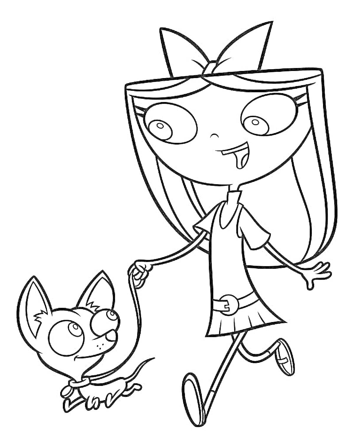 На раскраске изображено: Девочка, Собака, Прогулка, Поводок, Платье, Бант, Одежда