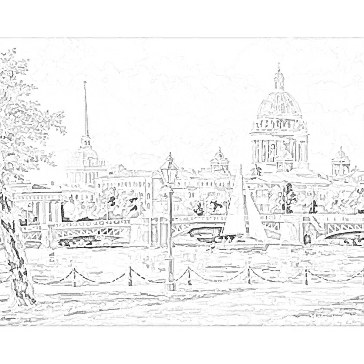 Раскраска Городской пейзаж с рекой, мостом, парусником, историческими зданиями и куполом