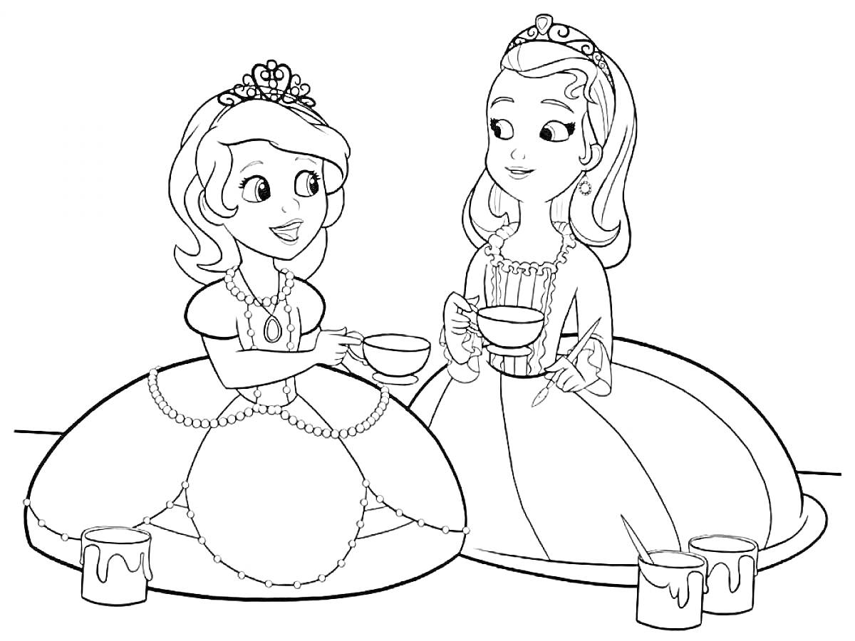 Принцессы на чаепитии с чашками и банками с краской