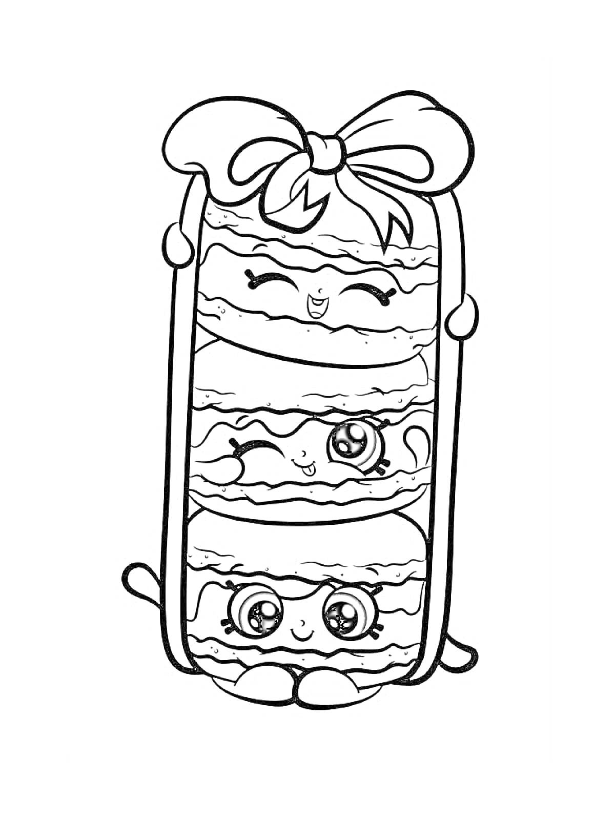 Раскраска Ласковый пирог с тремя улыбающимися лицами и бантиком