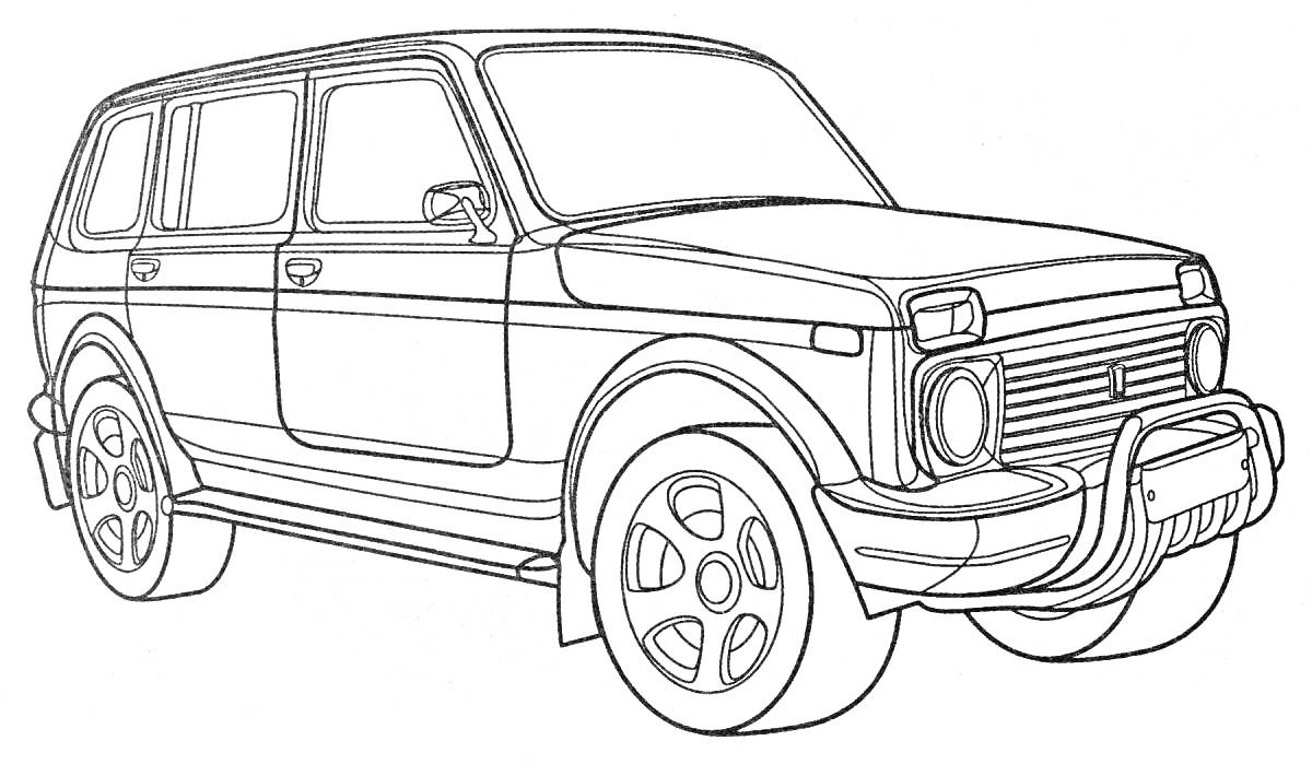Раскраска Контур автомобиля Лада Нива с офф-роуд передними и задними бамперами и боковыми зеркалами