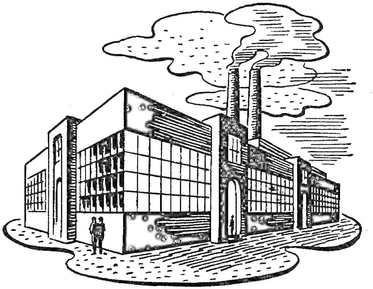 Раскраска Завод с дымящими трубами, окнами и людьми