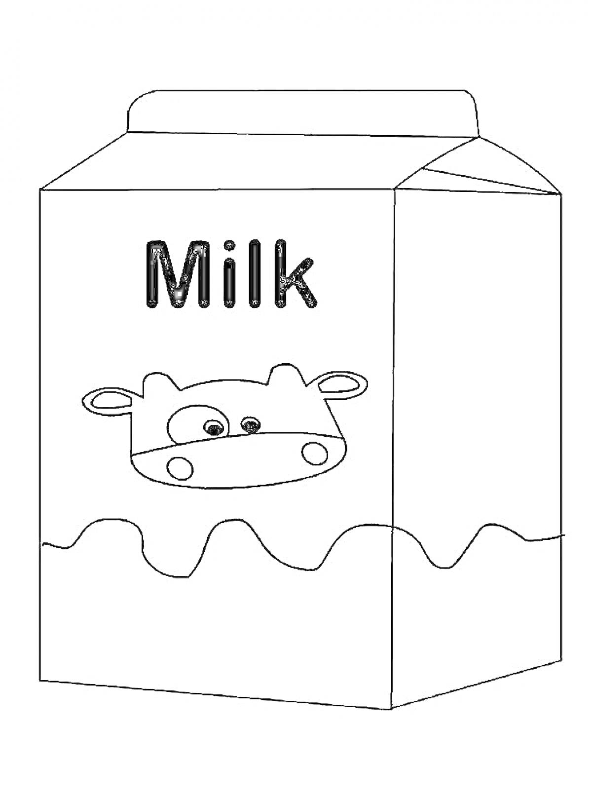 На раскраске изображено: Молоко, Коробка, Корова, Надпись
