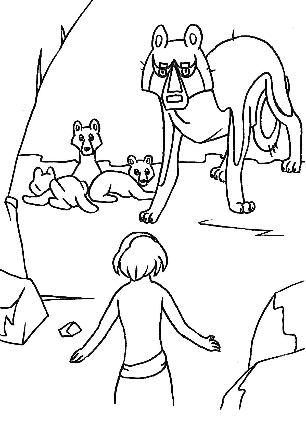 Раскраска Мальчик Маугли встречает дикую семью волков в пещере