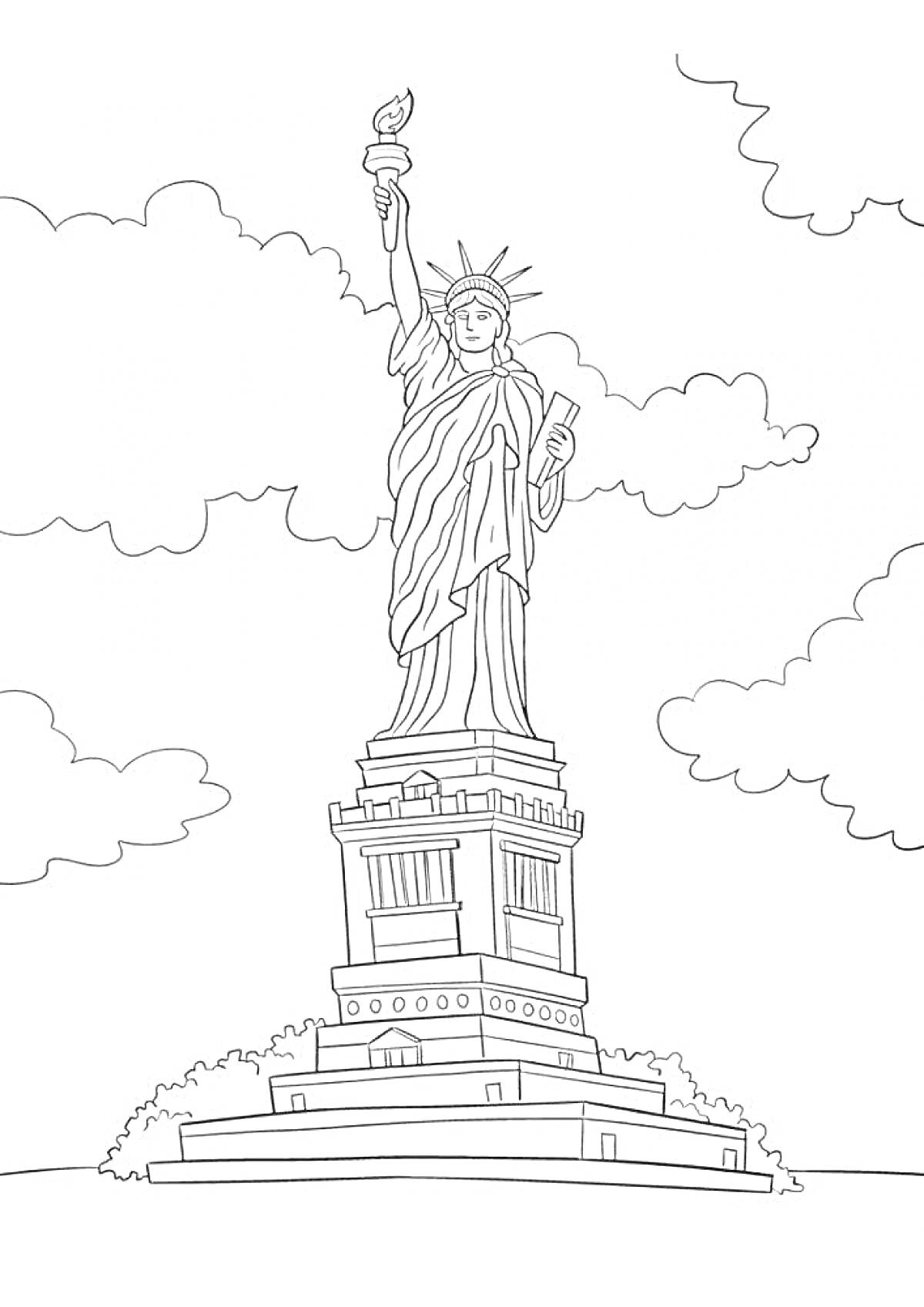 На раскраске изображено: Статуя, Свобода, Пьедестал, Облака, Архитектура, США