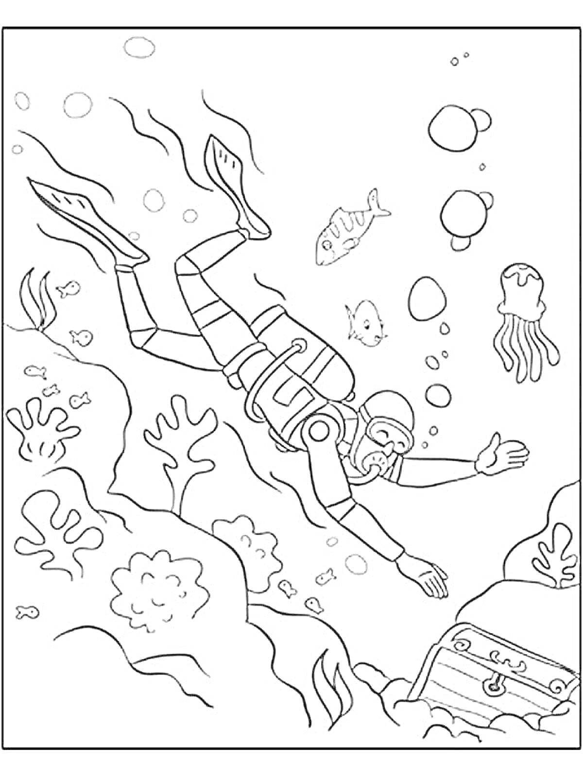 На раскраске изображено: Водолаз, Подводный мир, Подводные существа, Сундук с сокровищами, Кораллы, Медуза