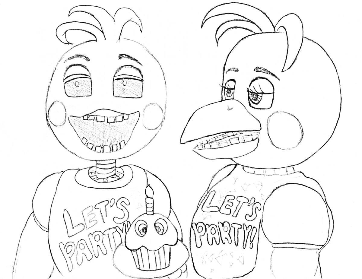 Раскраска Два аниматроника, держащие кекс, с надписью 