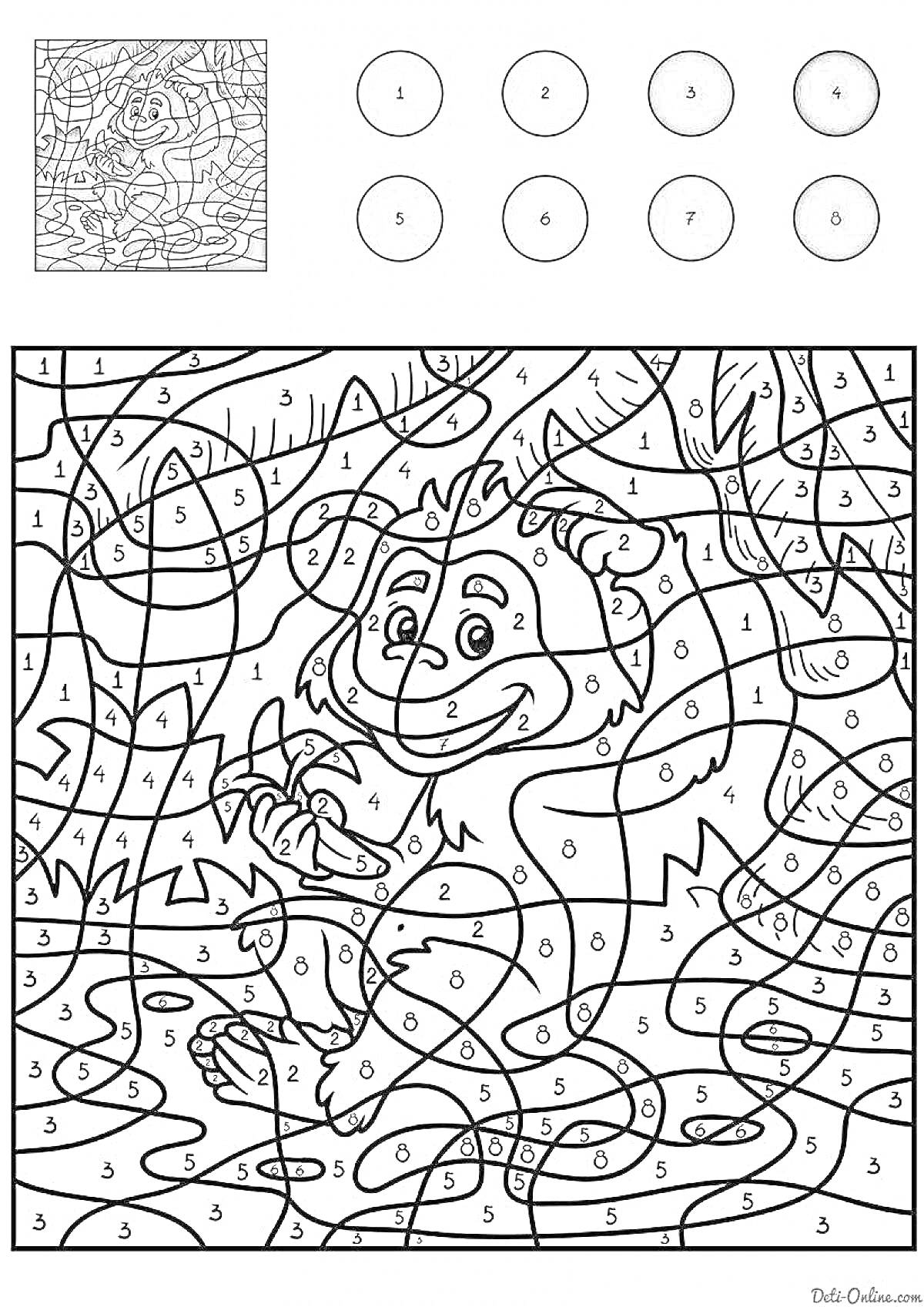 Раскраска Раскраска по номерам с обезьяной в лесу