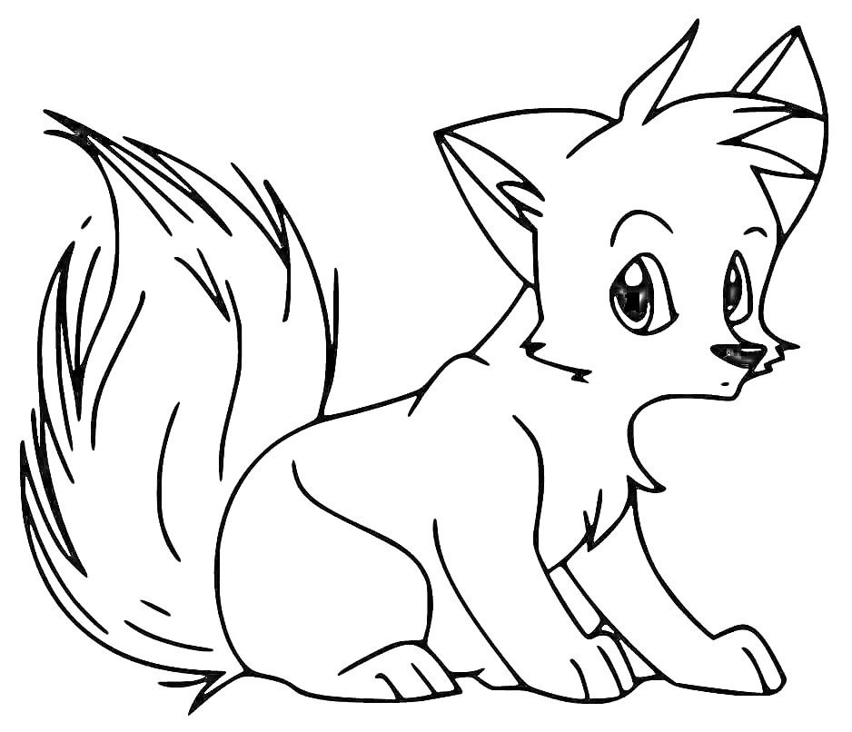 Раскраска Лисичка, сидящая на задних лапах с большими ушами и пушистым хвостом