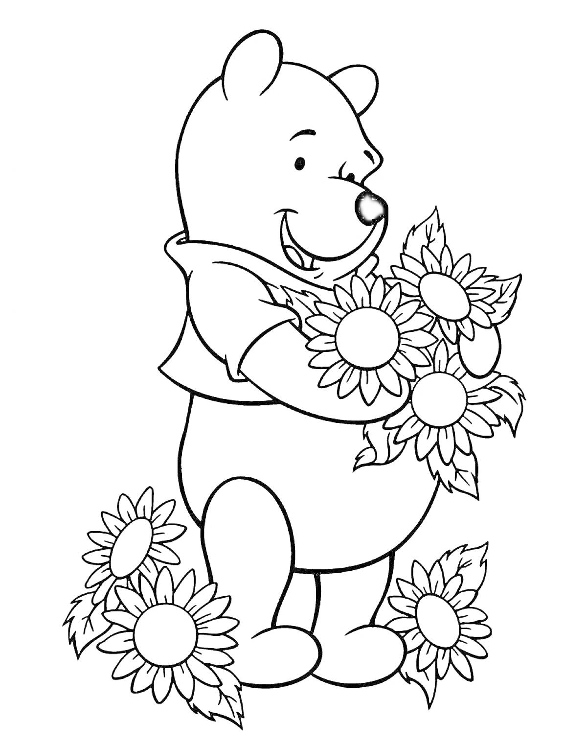 На раскраске изображено: Медведь, Цветы, Подсолнухи, Для детей