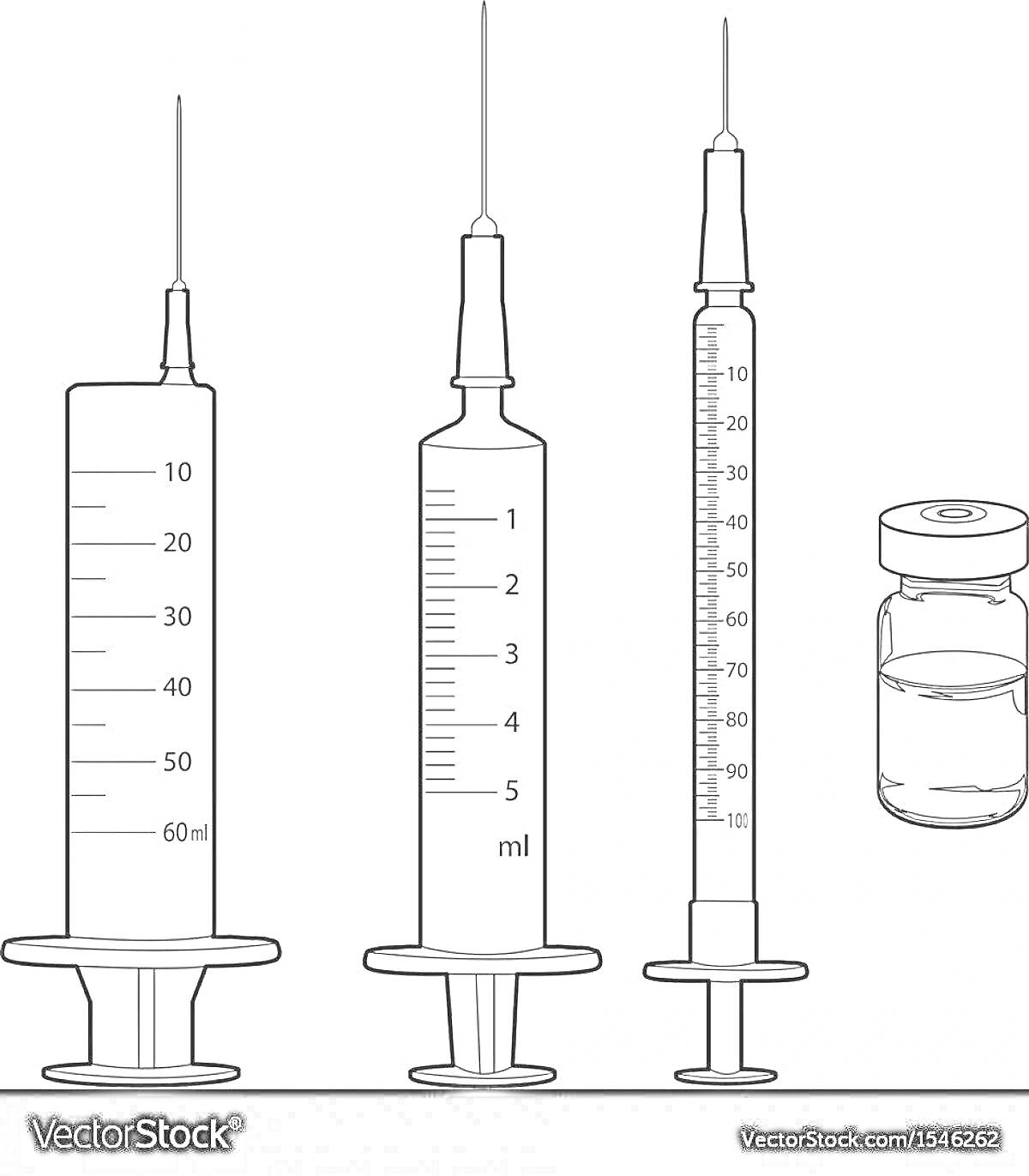Раскраска три шприца разного объема и ампула с жидкостью
