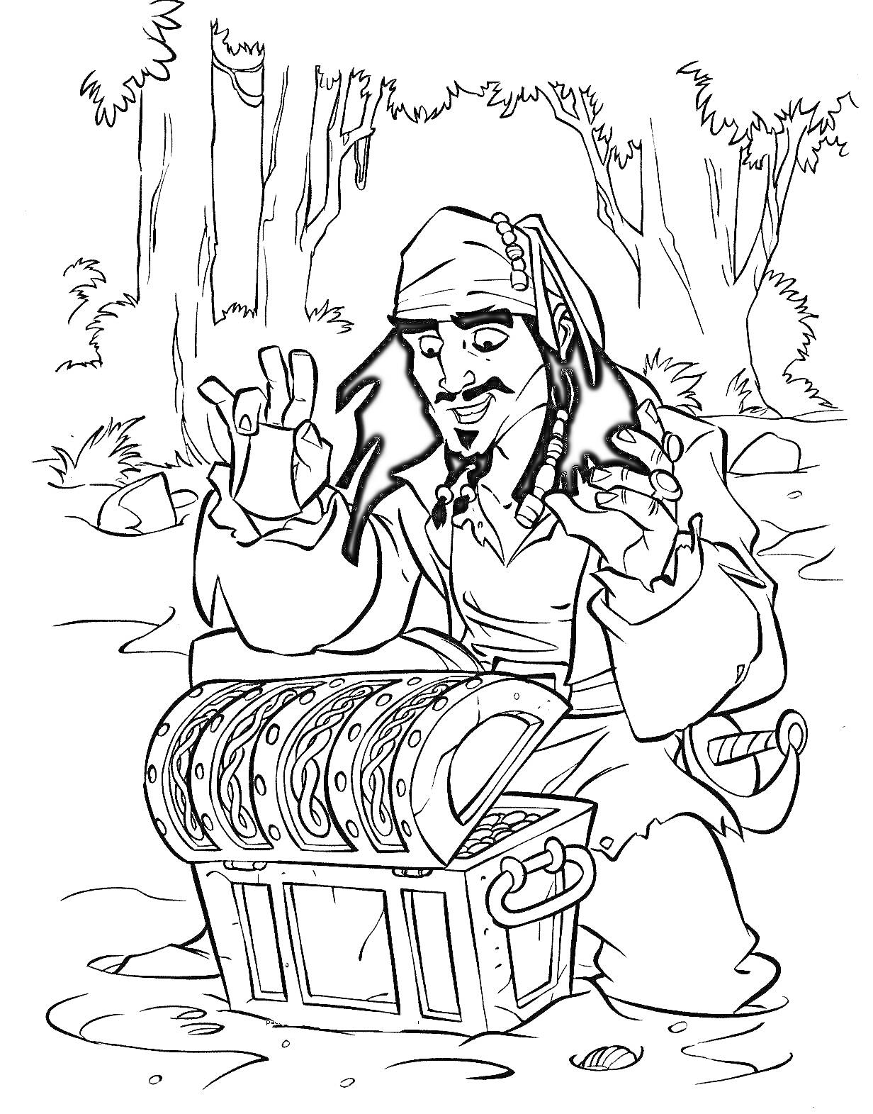 Пират открывает сундук с сокровищами в лесу
