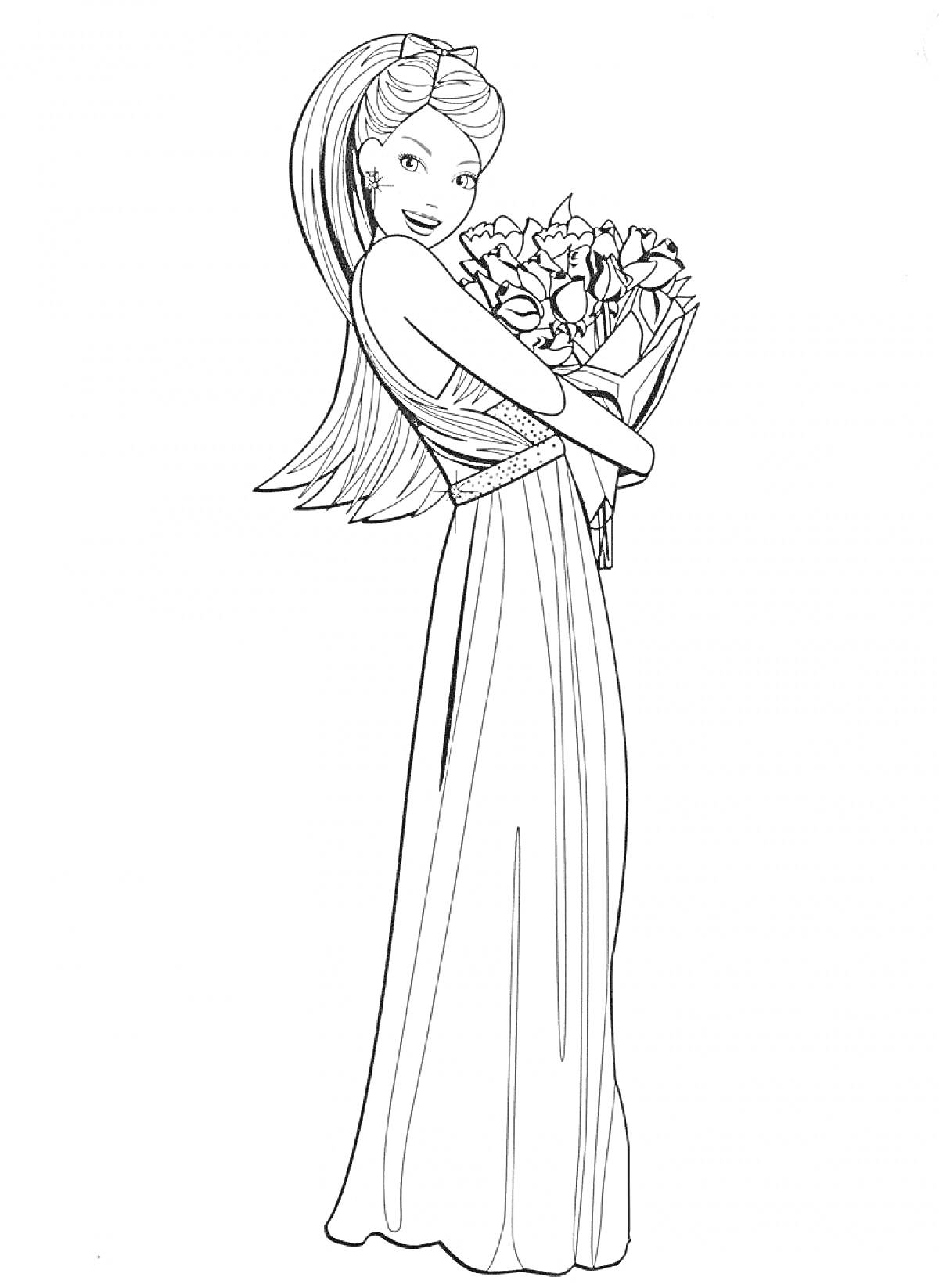 Раскраска Девушка в длинном платье с букетом цветов