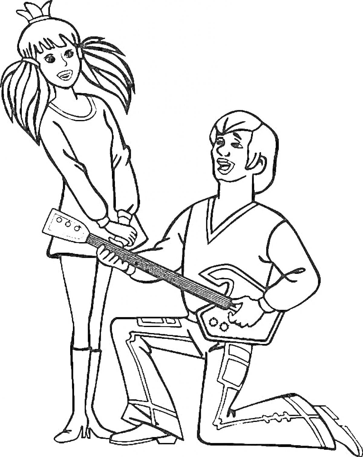 Раскраска Принцесса и трубадур из Бременских музыкантов, стоящие рядом, трубадур играет на гитаре