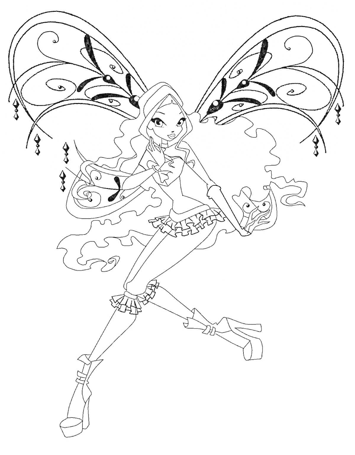 Раскраска Фея с длинными волосами в форме Беливикс, с большими декоративными крыльями и магическим шаром в руке