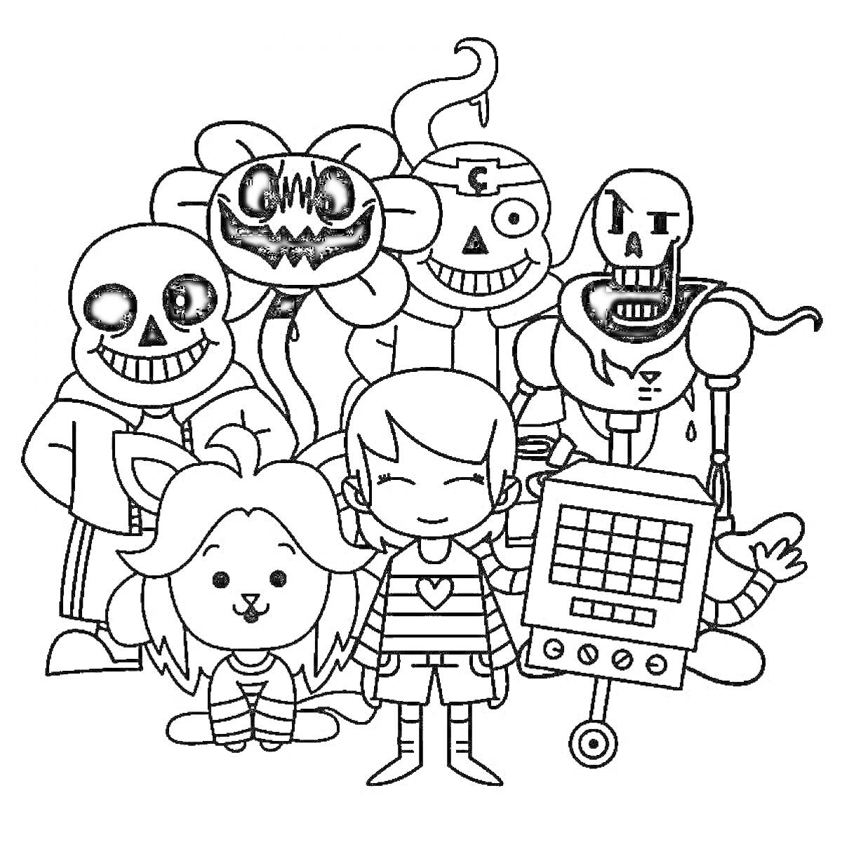 На раскраске изображено: Undertale, Санс, Папирус, Игра, Друзья