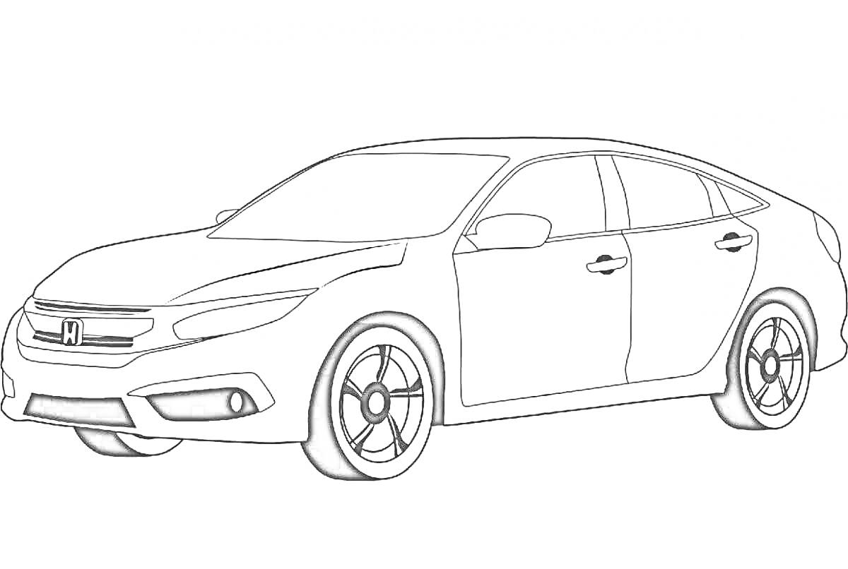 Раскраска Хонда Аккорд, седан, вид сбоку, спереди, четыре колеса, боковые зеркала, фары
