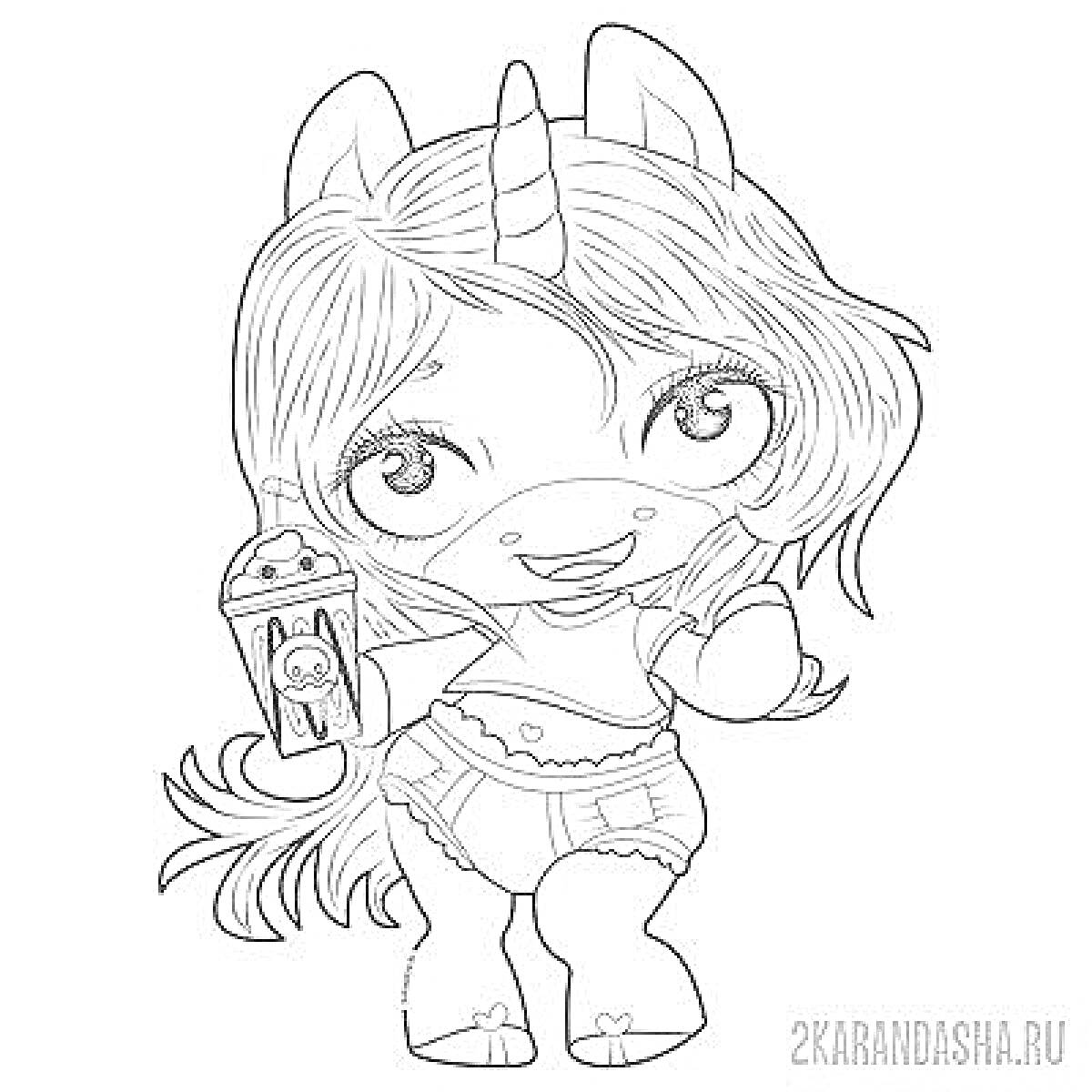 Раскраска Девочка-единорожка с напитком