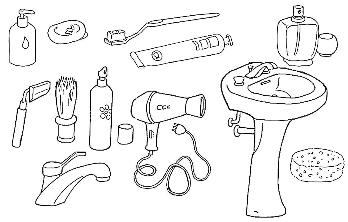 На раскраске изображено: Раковина, Мыло, Зубная щетка, Зубная паста, Щетка для волос, Жидкость, Дезодорант, Фен, Кран, Губка, Парфюм, Гигиена