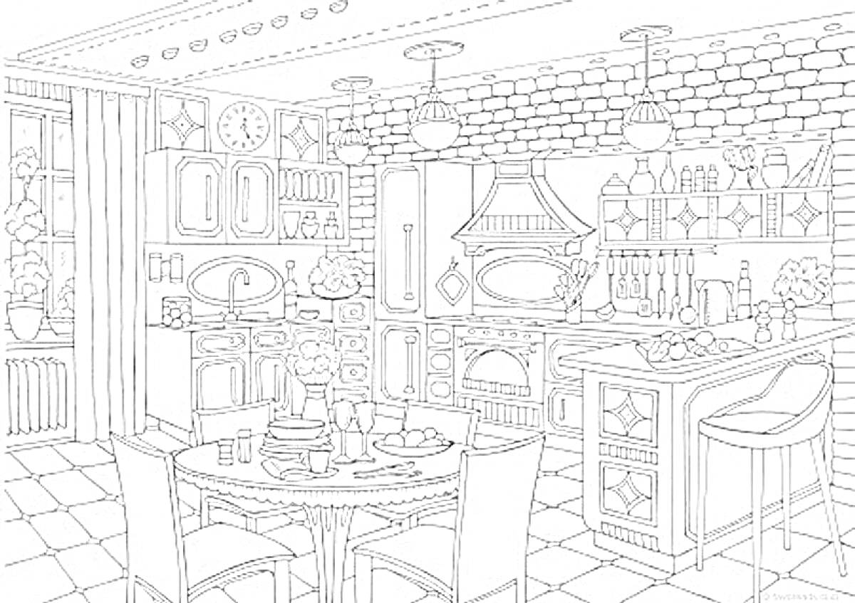 На раскраске изображено: Кухня, Обеденный стол, Плита, Кухонные шкафы, Посуда, Фрукты, Растения, Окна, Светильники, Барная стойка