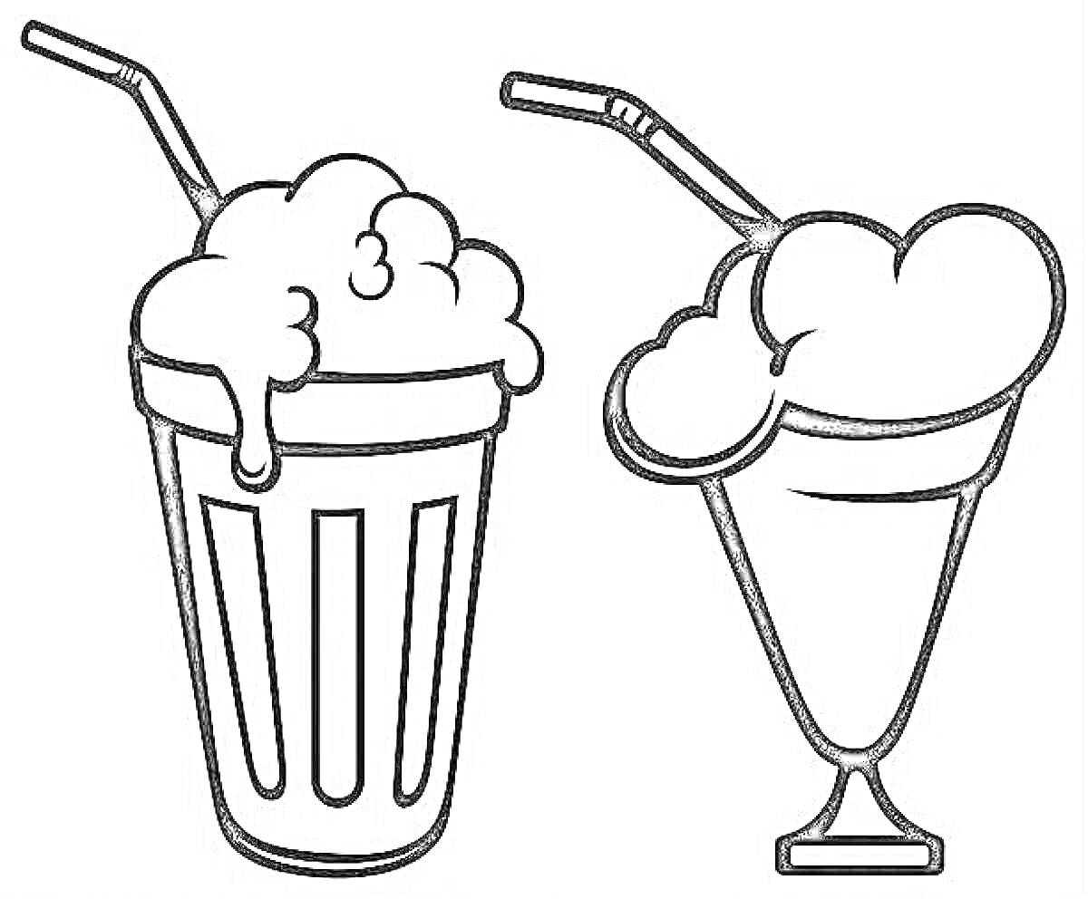 Раскраска Два молочных коктейля с трубочками и сливочной пеной