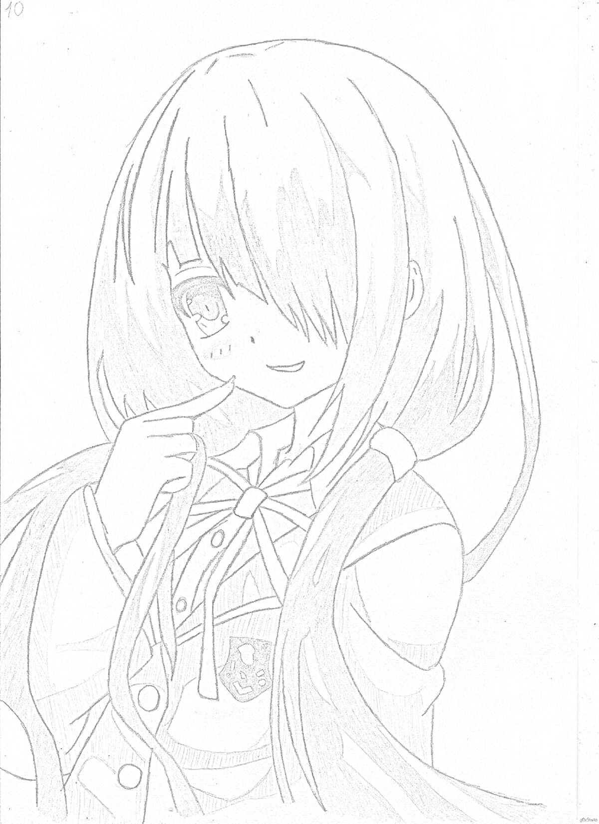 Раскраска Куроми, аниме-девушка с длинными волосами и чёлкой, в школьной форме с бантом
