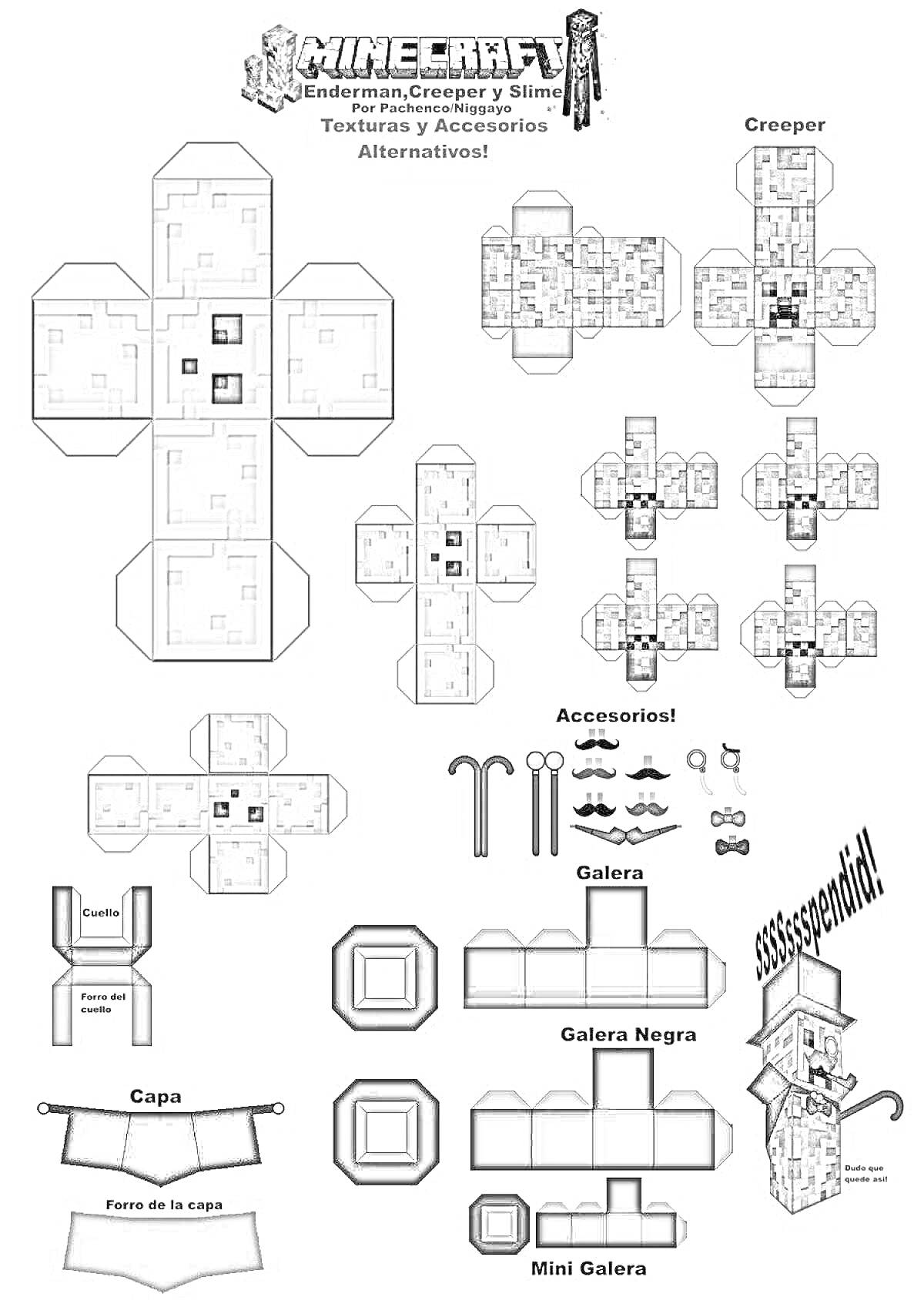 Раскраска Minecraft оригами с текстурами Эндермена, Крипера и слизня, а также аксессуарами: шляпы, галстуки, усы и трость