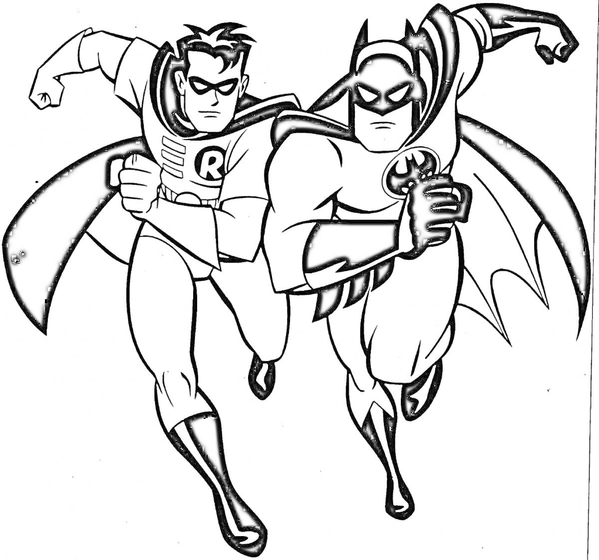 Раскраска Бэтмен и Робин бегут вперед, на черно-белой раскраске, оба в костюмах героев