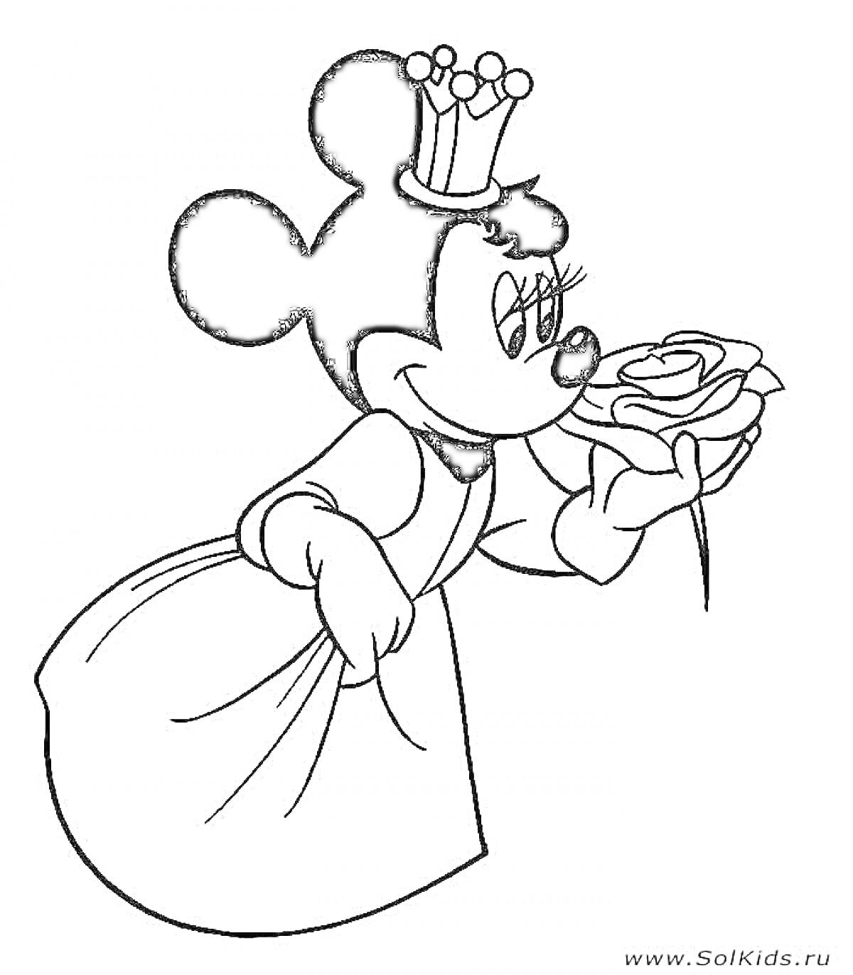 Раскраска Микки Маус в короне и платье нюхает розу