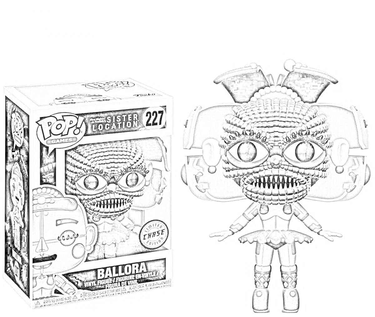 Раскраска Ballora аниматроник из серии Funko Pop! с коробкой на заднем плане