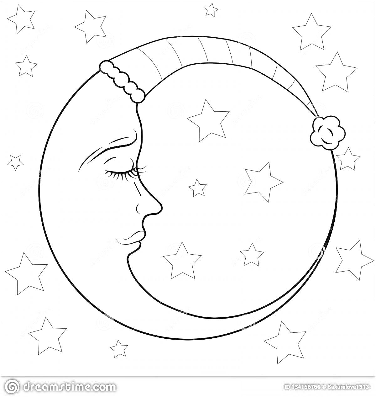 На раскраске изображено: Луна, Звезды, Ночь, Сон, Небо