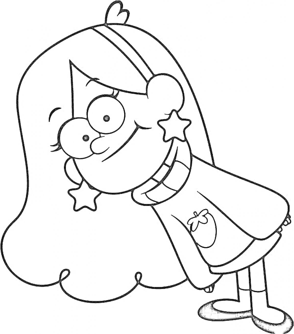 Раскраска Персонаж с длинными волосами, в свитере с изображением клубники и серьгами в виде звезд наклонился вбок