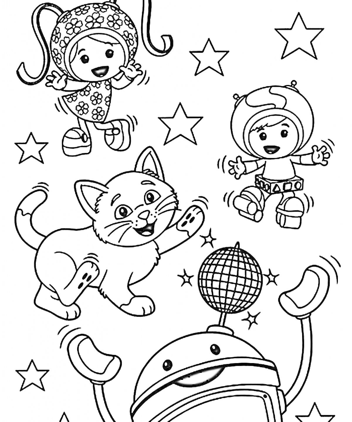 На раскраске изображено: Умизуми, Робот, Звезды, Герой, Персонаж, Кот