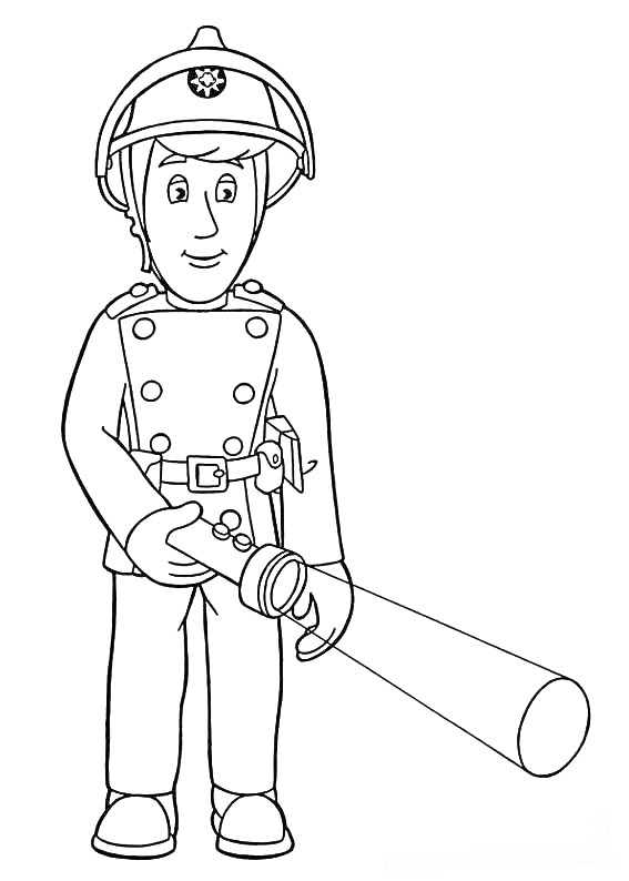На раскраске изображено: Пожарный Сэм, Безопасность, Персонаж, Для детей