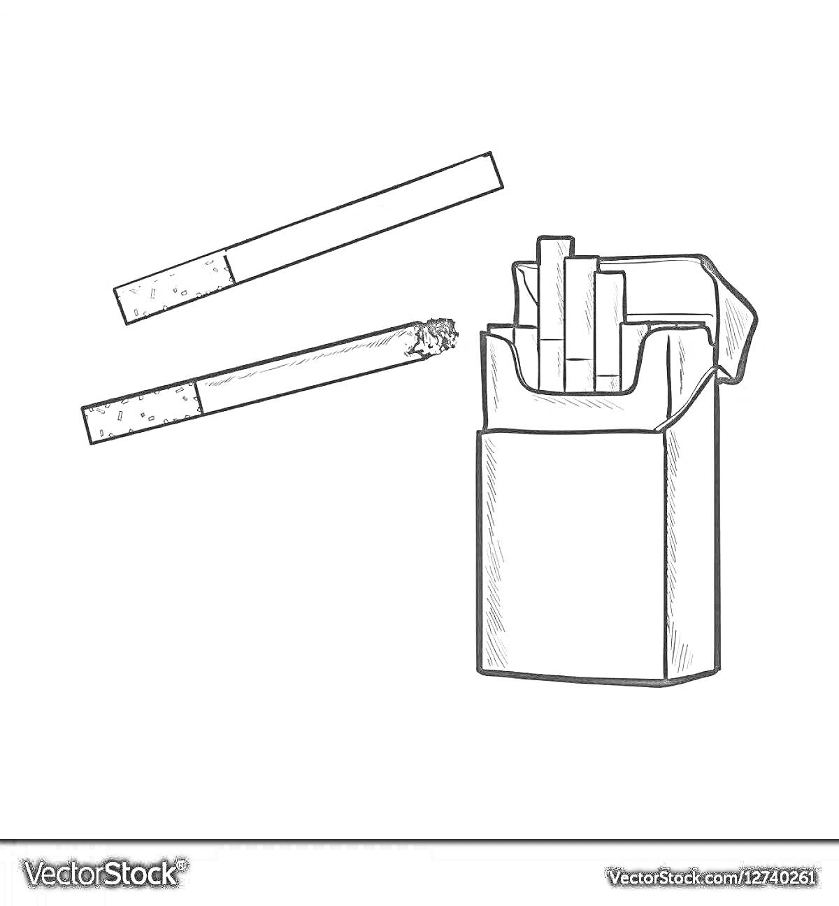 Раскраска пачка сигарет с двумя сигаретами, одна из которых зажжена
