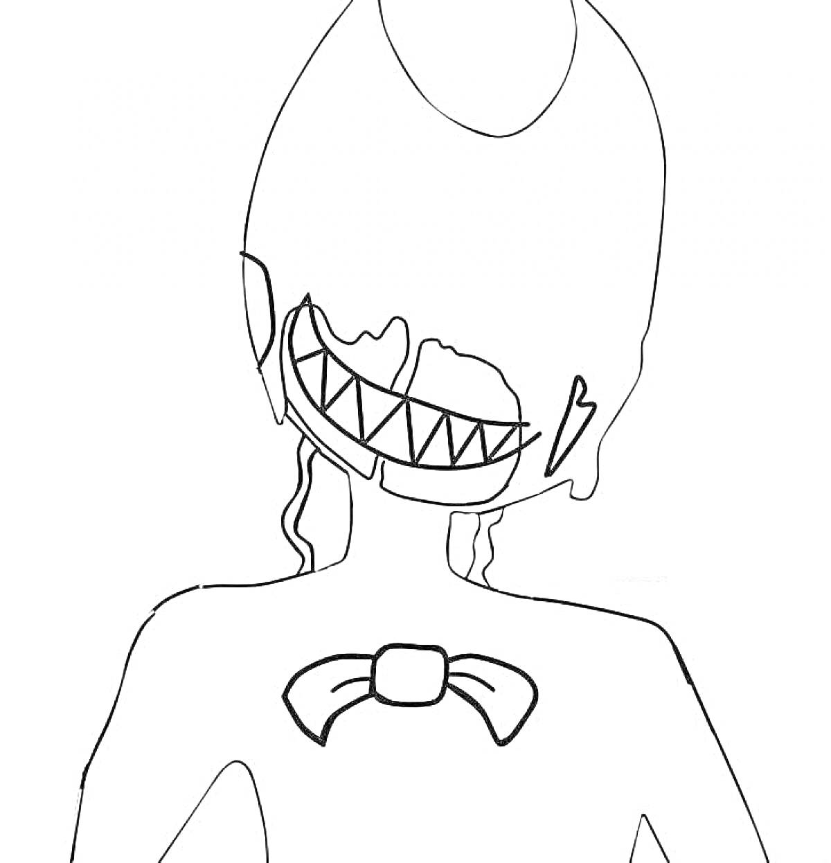 Раскраска Персонаж с пугающей улыбкой, укороченные волосы, галстук-бабочка, зашитая улыбка с острыми зубами