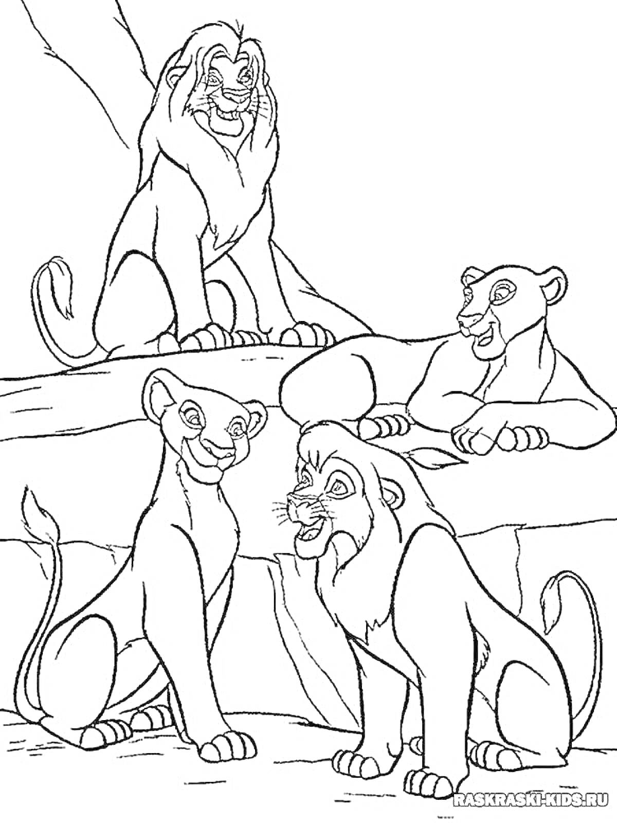 На раскраске изображено: Симба, Нала, Семья, Львы