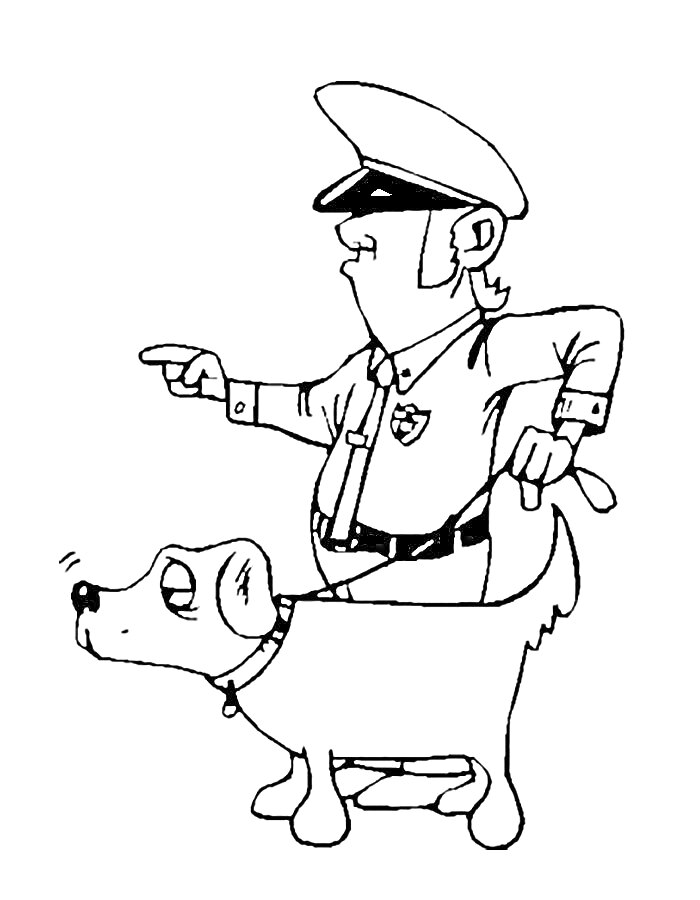 На раскраске изображено: Полиция, Собака, Безопасность, Форма, Значок, Команда