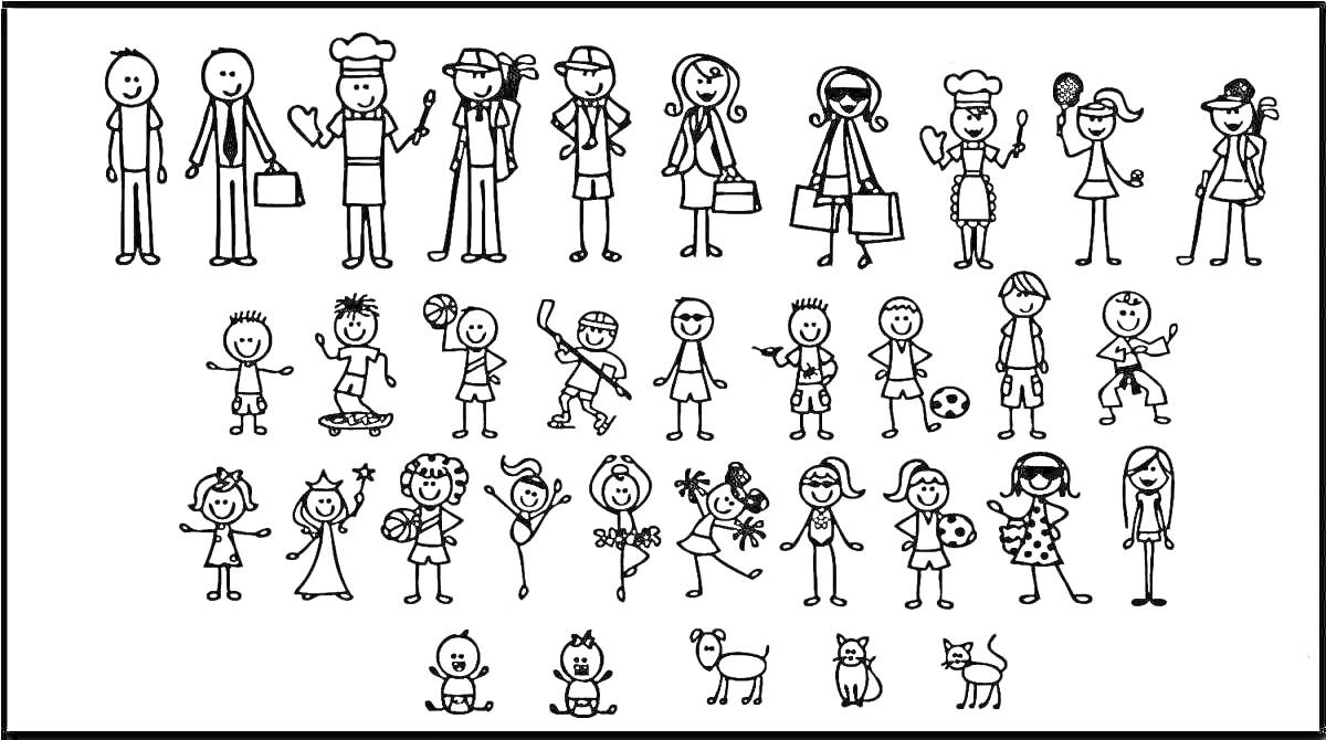 Раскраска Разнообразные маленькие человечки: взрослые с сумками, в костюмах, дети с игрушками, цветами и животными