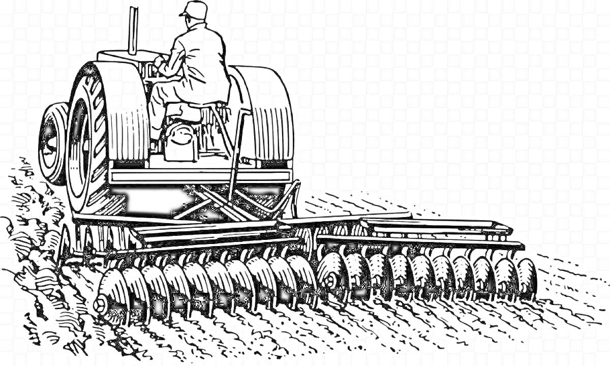 Раскраска Трактор с фермером за рулем, работающий в поле с сеялкой