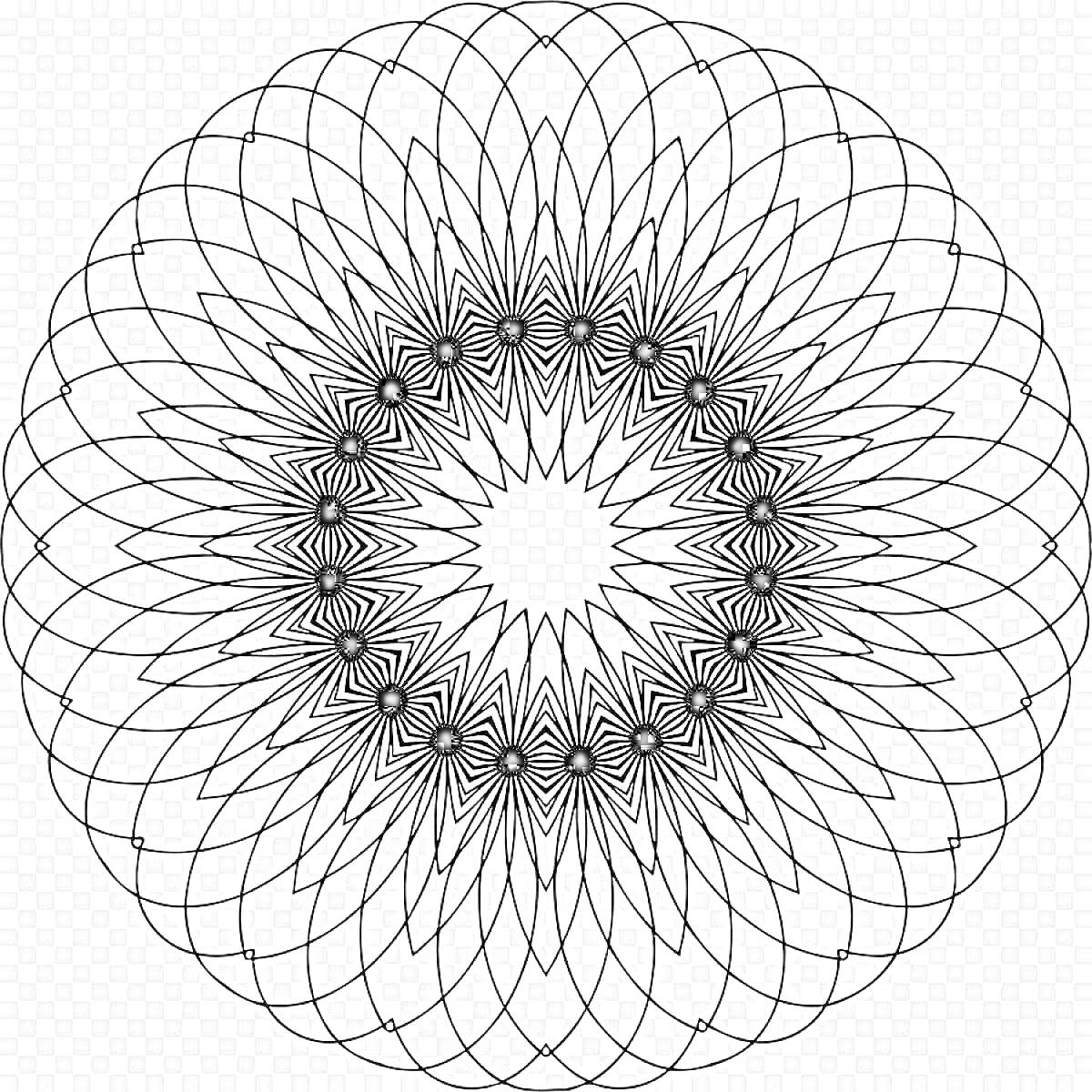 Раскраска Чёрно-белая спиральная мандала с пересекающимися линиями и узором, образующим цветок
