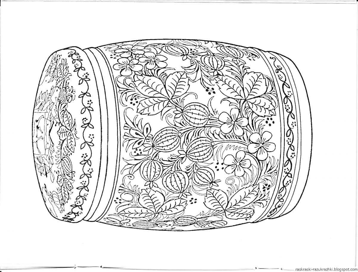 На раскраске изображено: Хохлома, Золотая хохлома, Роспись, Цветы, Листья, Ягоды, Народное искусство
