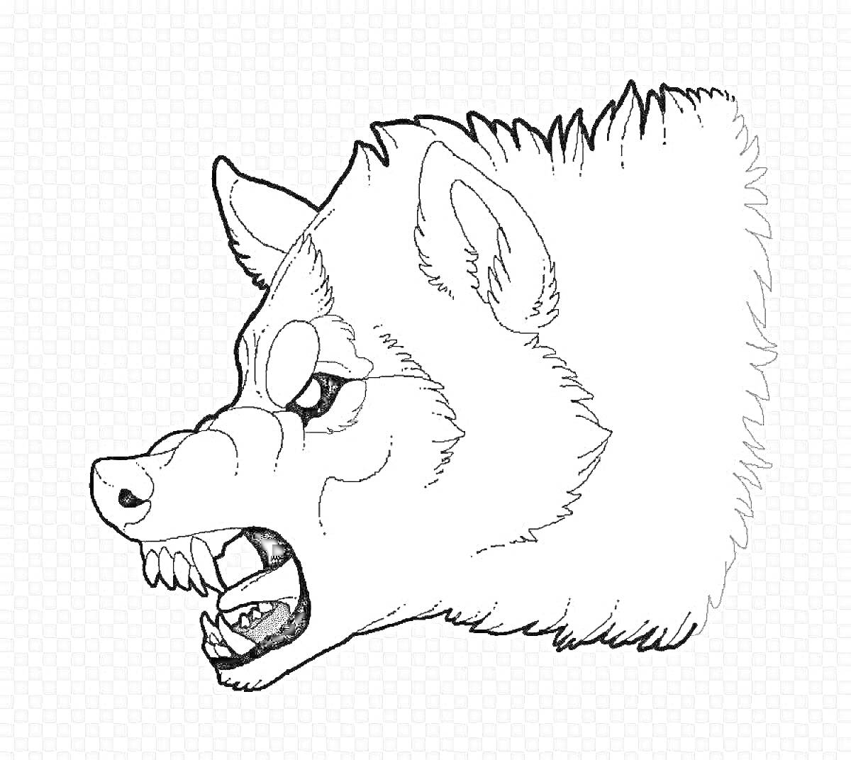 На раскраске изображено: Волк, Злой волк, Оскал, Зубы, Агрессия, Голова волка