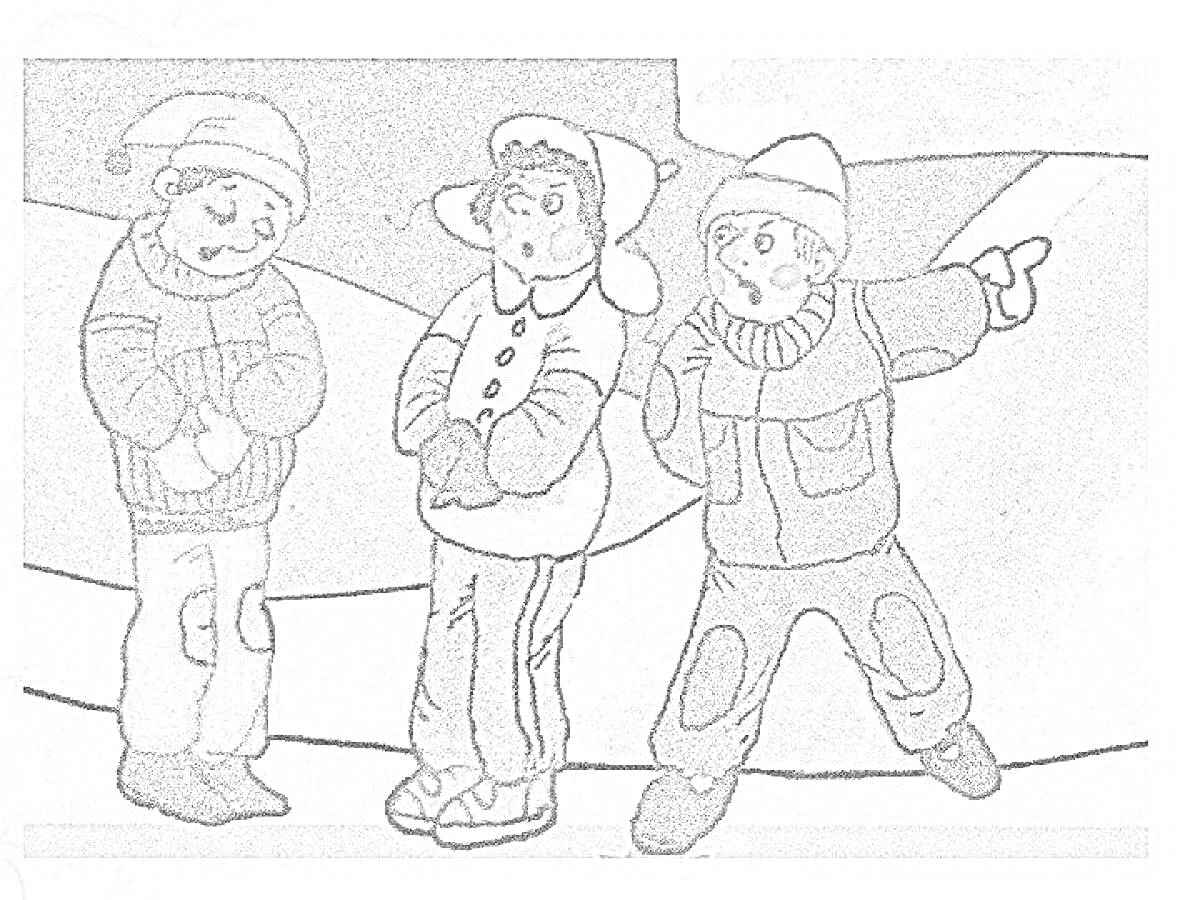 На раскраске изображено: Зима, Горка, Теплая одежда, Шапка, Куртка, Снег, Для детей, Варежка